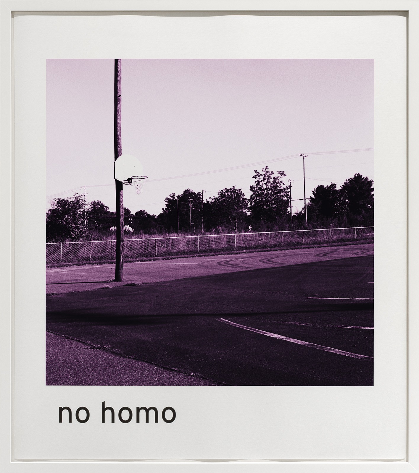 Photograph of an empty basketball court, toned in shades of purple, with the text 