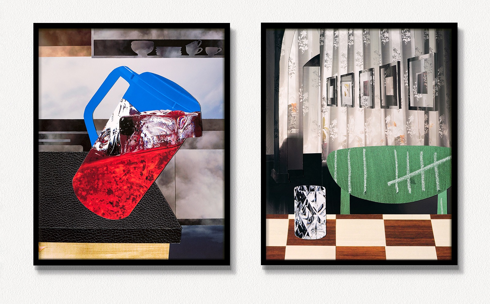 Diptych showing two collage panels: on the left is a pitcher containing red liquid on top of a leather-covered countertop in a kitchen space made of cloud components, on the right is a dining room space with components made from photos of a chessboard, chalkboard, and curtained window. 