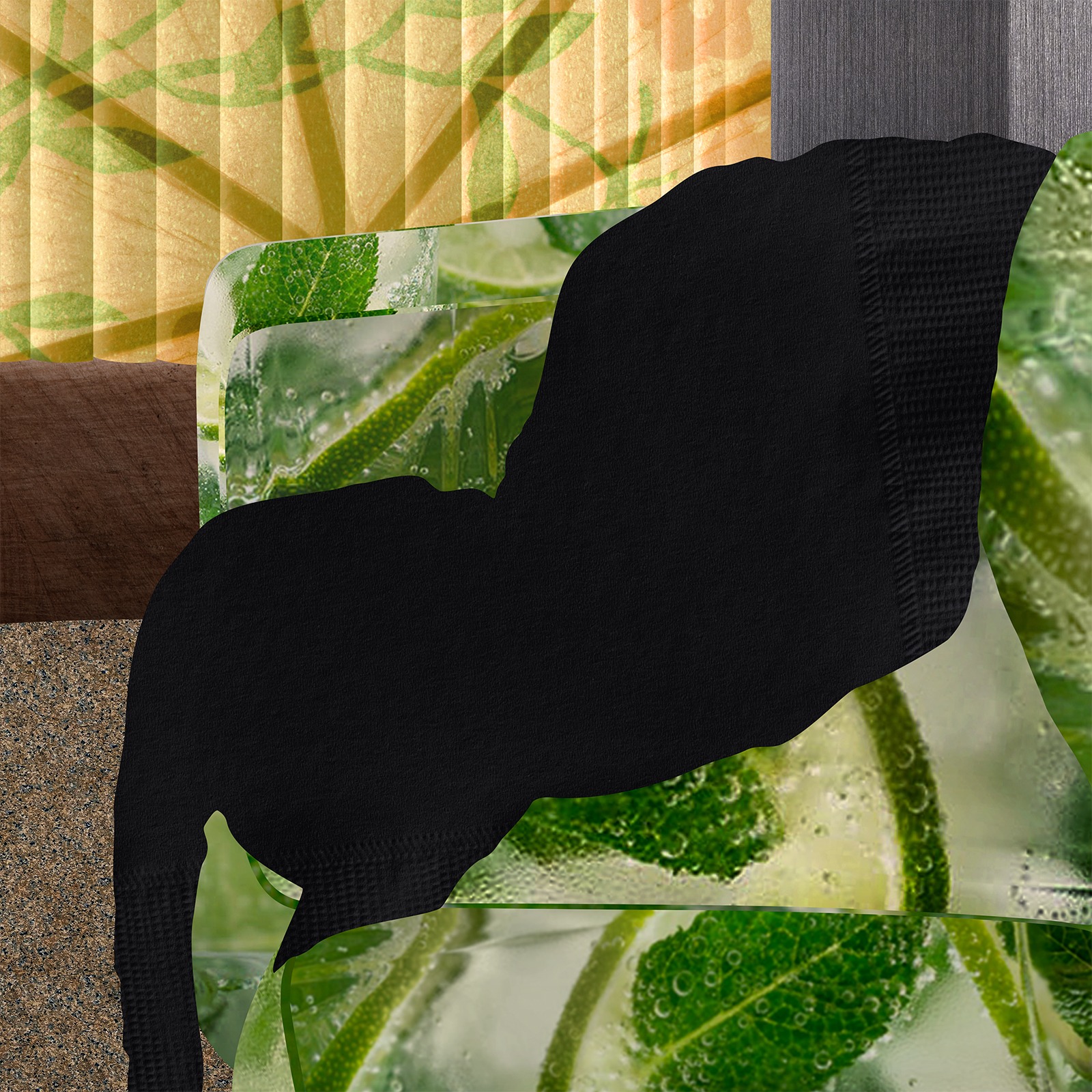 Collaged picture showing a throw blanket atop a couch in a dimly lit room, with all shapes silhouetted and filled with appropriated digital images. 