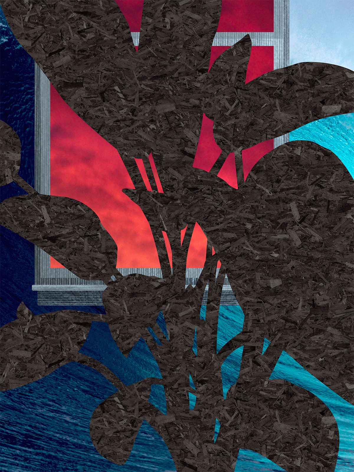 Shape of plant with large leaves filled with black OSB board texture against an image of a giant wave on the wall and apocalyptic window view. 