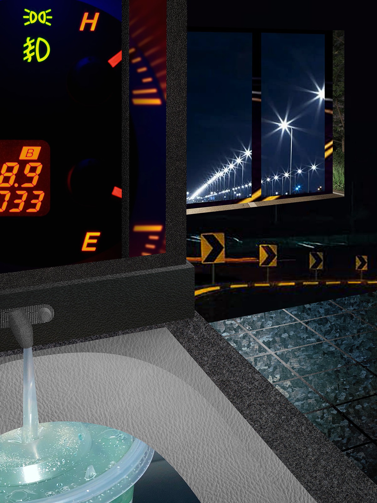 Collaged photo of a bathroom scene, pieced together with visual components of a late night drive, including a soda in the bathtub and odometer as the glass of a shower. 