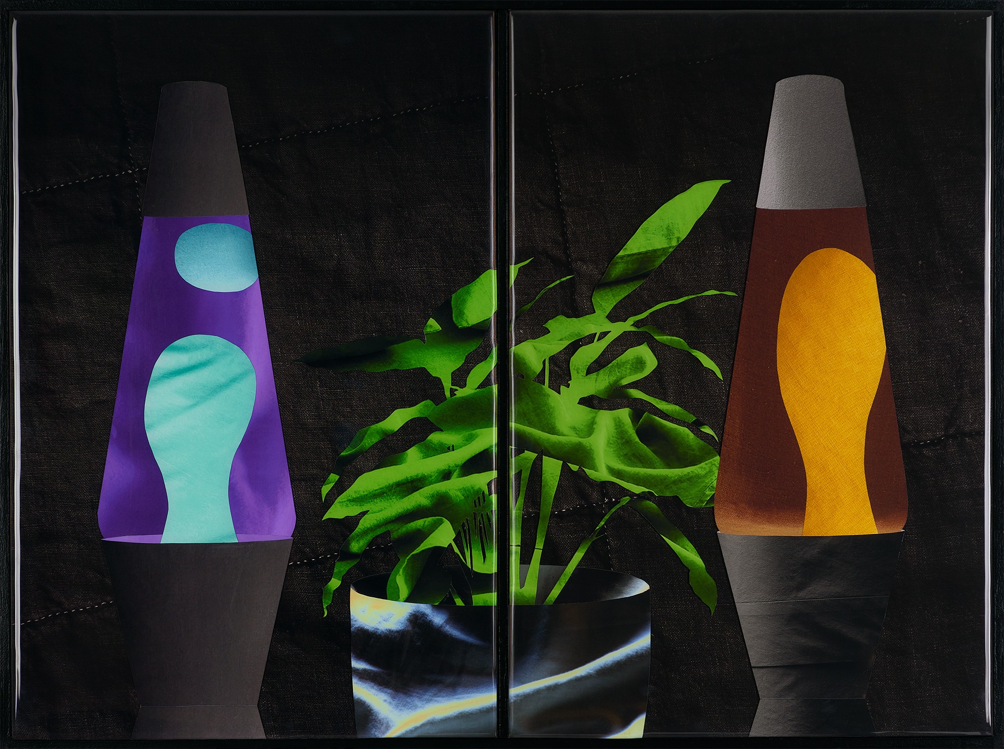 A diptych collage showing two lava lamps next to a potted plant; the composition is split into two and every component of the picture is made from images of bed linens. 