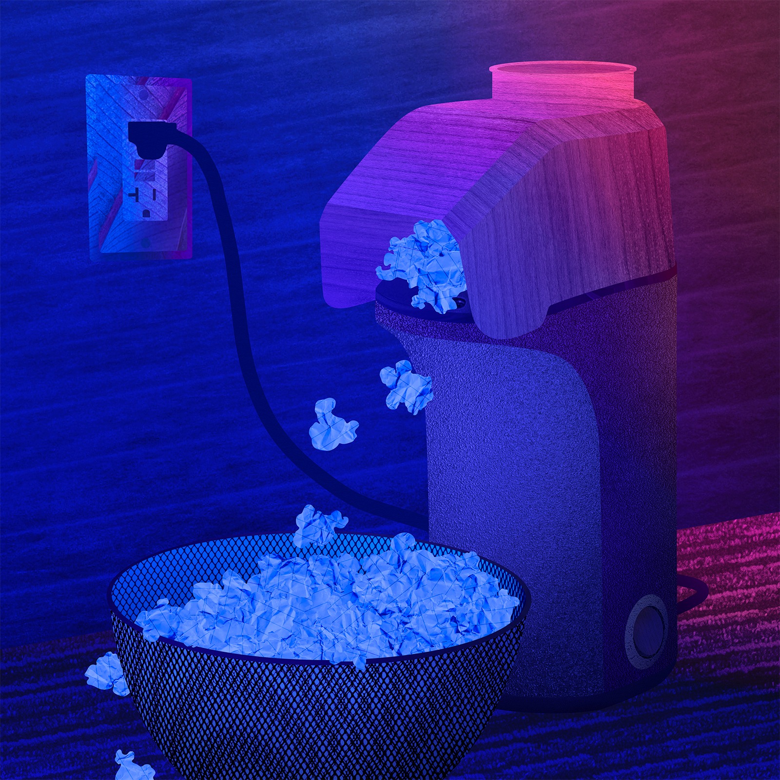 Collage of a a popcorn maker plugged into the wall as it spits out wads of paper into a mesh bowl. 