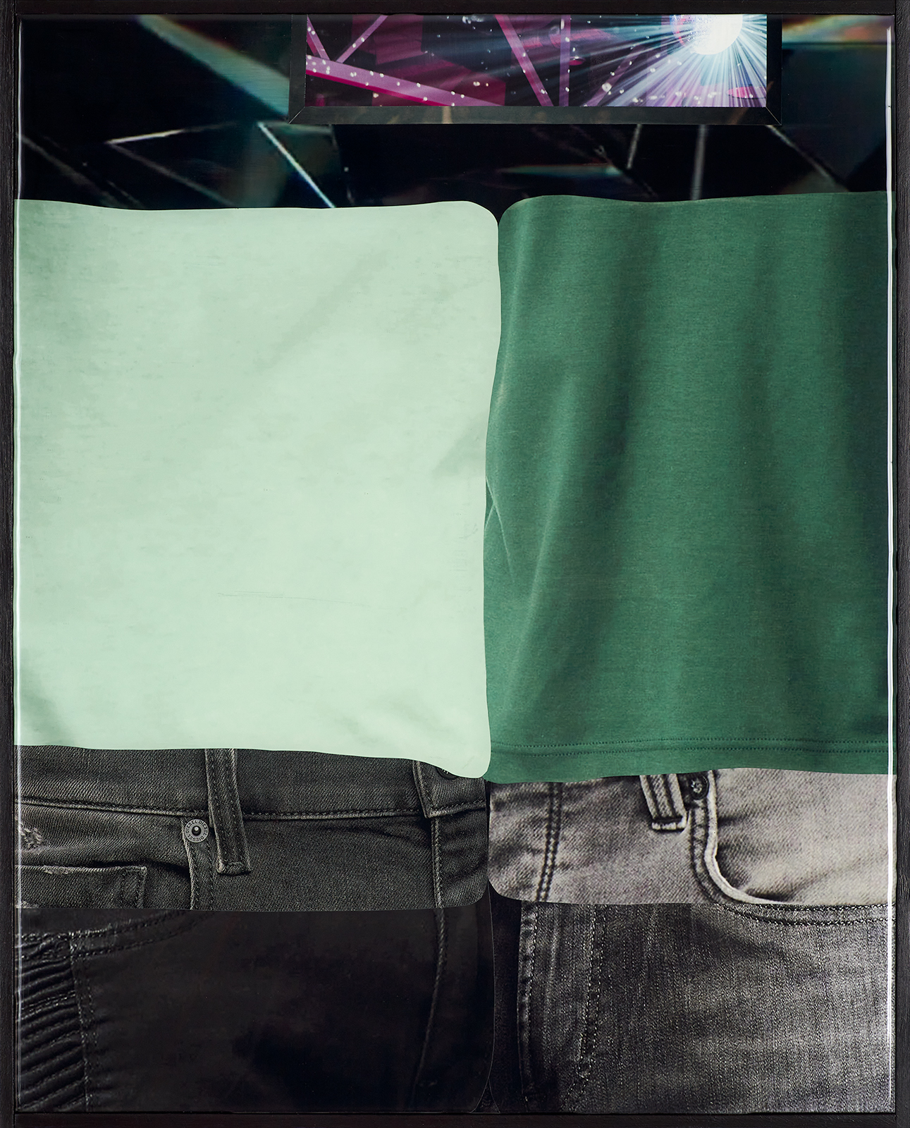 Collage of a sofa made from pictures of shirts and jeans, like two men grinding on each other. 