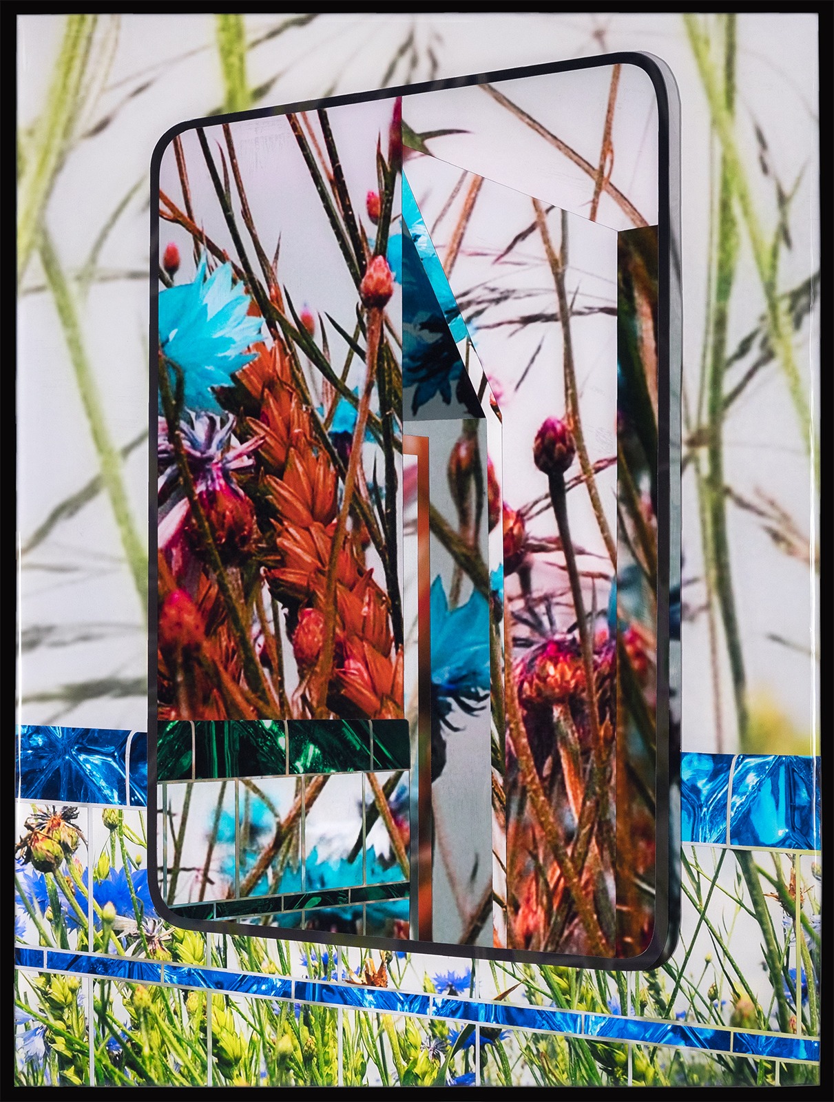Collaged artwork depicting a bathroom mirror with every surface covered in pictures of wildflowers or crystal. 